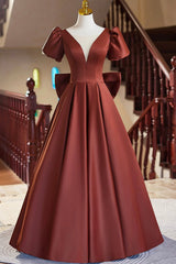 A-Line Satin Floor Length Prom Dresses, Elegant Short Sleeve Evening Party Dresses