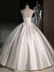 A-Line Satin Lace  ivory Long Wedding Dresses, Lace Weeding Party Dresses