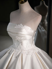 A-Line Satin Lace  ivory Long Wedding Dresses, Lace Weeding Party Dresses