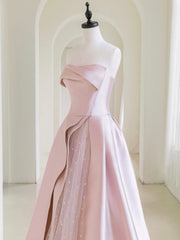 A-Line  Satin Tulle Pink Long Prom Dresses, Pink Long Formal Dresses