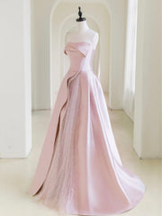 A-Line  Satin Tulle Pink Long Prom Dresses, Pink Long Formal Dresses