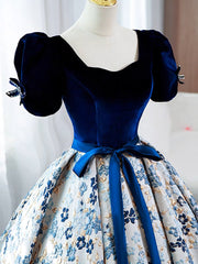 A-Line Satin Velvet Blue Long Prom Dress, Blue Long Formal Dress