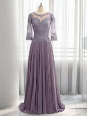 A-line Scoop 3/4 Sleeves Appliques Lace Sweep Train Chiffon Mother of the Bride Dresses