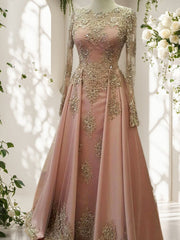 A-line Scoop Long Sleeves Appliques Lace Floor-Length Tulle Dress