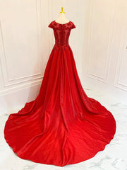 A-Line Scoop Neckline Satin Lace Burgundy Long Prom Dresses, Burgundy Lace Long Formal Dresses