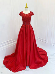 A-Line Scoop Neckline Satin Lace Burgundy Long Prom Dresses, Burgundy Lace Long Formal Dresses