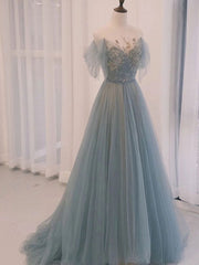 A-Line Scoop Neckline Tulle Long Prom Dresses with Sequin