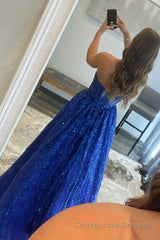 A-line Sequined Lace Long Prom Dress with Pockets