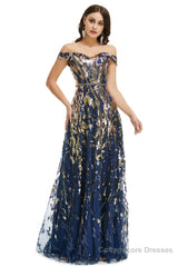 A Line Sequins Off the Shoulder Long Prom Dresses