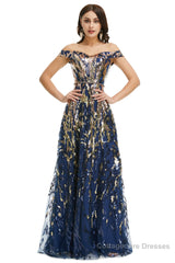 A Line Sequins Off the Shoulder Long Prom Dresses