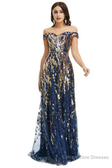 A Line Sequins Off the Shoulder Long Prom Dresses