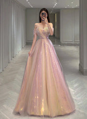 A-line Sequins Pink Sweetheart Long Formal Dresses, Pink Sequins Prom Dresses