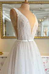 A Line Sexy V neck Pearls Elegant Wedding Dresses