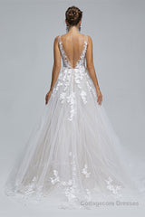 A-LINE SHEER STRAPS V-NECK TULLE APPLIQUE FLOOR-LENGTH SLEEVELESS WEDDING DRESSES