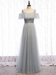 A-Line Silver Gray Tulle Sequins Spaghetti Straps Prom Dresses