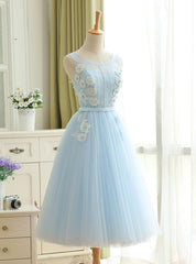 A-Line Sky Blue Tulle Backless Appliques Homecoming Dresses With Pearls