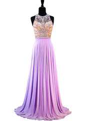 A-line Sleeveless Beaded Crystals Backless Lilac Chiffon Prom Dresses