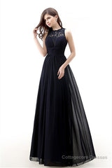 A Line Sleeveless Lace Chiffon Long Black Prom Dresses