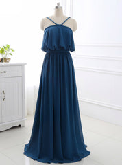 A-Line Sleeveless Open Back Sweep Train Formal Evening Dresses