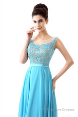 A-line Sleeves Chiffon Lace Backless Long Prom Dresses