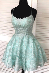 A-Line Spaghetti Straps Backless Mint Green Lace Short Prom Dress, Backless Mint Green Lace Formal Graduation Homecoming Dress