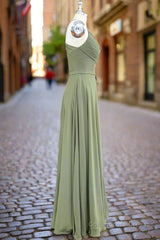 A Line Spaghetti Straps Chiffon Long Bridesmaid Dress with Slit Backless