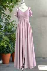 A Line Spaghetti Straps Pleated Chiffon Vintage Mauve Bridesmaid Dress with Slit