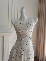 A Line Spaghetti Straps Polka Dots Lace Chiffon Prom Dresses Formal Dresses