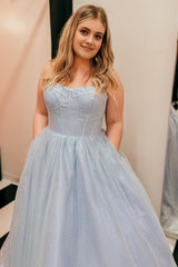 A Line Spaghetti Straps Sky Blue Long Prom Dress