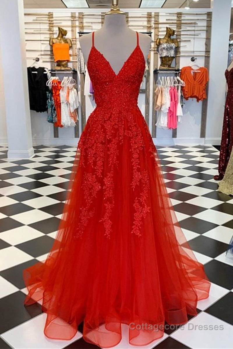 A Line Spaghetti Straps V Neck Red Lace Long Prom Dress, Red Lace Formal Dress, Red Evening Dress