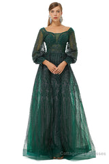 A-Line Square Neckline Sequined Floor-Length Long Sleeve Open Back Appliques Lace Prom Dresses