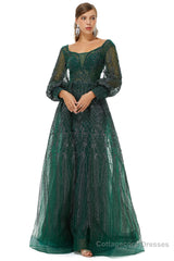 A-Line Square Neckline Sequined Floor-Length Long Sleeve Open Back Appliques Lace Prom Dresses