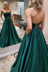 A Line Strapless Dark Green Long Prom Dress Criss Cross Back