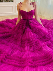 A Line Strapless Fuchsia Tiered Long Tulle Prom Dress