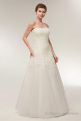 A Line Strapless Ivory Lace Floor Length Wedding Dresses