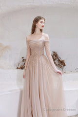 A-Line Strapless Off The Shoulder Lace Up Beading Tulle Long Prom Dresses