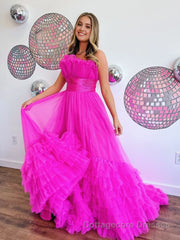 A-Line Strapless Pink Tiered Long Tulle Prom Dress