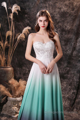 A Line Strapless Sleeveless Appliques Ombre Silk Like Satin Sweep Train Prom Dresses