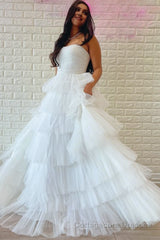 A-Line Strapless Tiered Tulle Prom Dress with Ruffles