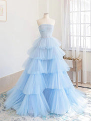 A line Strapless Tiered Tulle Prom Dress