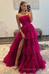 A-Line Strapless Tulle Long Prom Dress with Tiered Ruffles