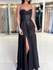 A-Line Sweetheart Neck Black Long Prom Dress, Black Long Formal Dress