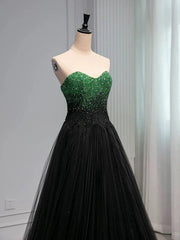 A Line Sweetheart Neck Green Beads Black Tulle Long Prom Dresses Evening Dresses