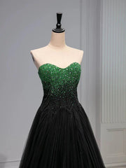 A Line Sweetheart Neck Green Beads Black Tulle Long Prom Dresses Evening Dresses