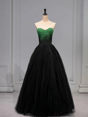 A Line Sweetheart Neck Green Beads Black Tulle Long Prom Dresses Evening Dresses