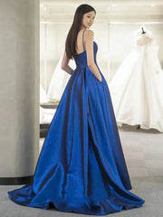 A-Line Sweetheart Neck Satin Blue Long Prom Dresses, Blue Long Formal Dresses