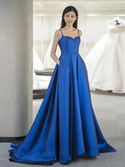 A-Line Sweetheart Neck Satin Blue Long Prom Dresses, Blue Long Formal Dresses