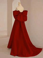 A-Line Sweetheart Neck  Satin Burgundy Long Prom Dresses with Bow