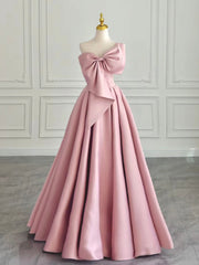 A-Line Sweetheart Neck Satin Pink Long Prom Dresses, Pink Long Evening Dresses