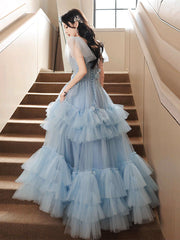 A-Line Sweetheart Neck Tulle Blue Long Prom Dresses, Blue Long Formal Dresses